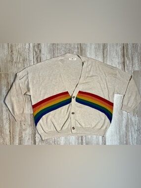 Neutral Rainbow Stripe V-Neck Cardigan with Tortious Shell Buttons - Women